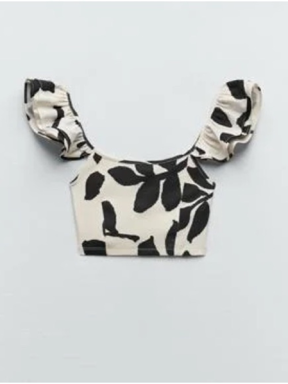 Women's Cream and Black Floral Puff-Sleeve Crop Top